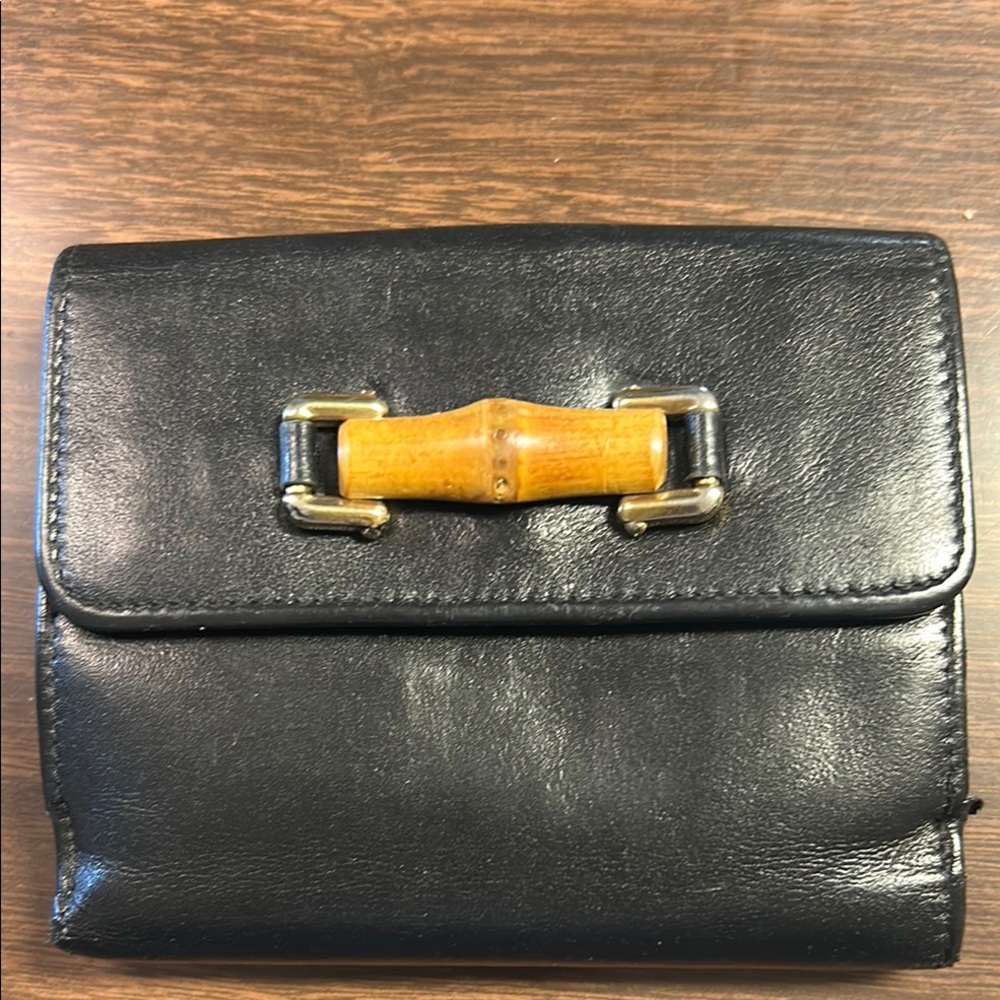 Gucci Black Leather Wallet with Bamboo Accent